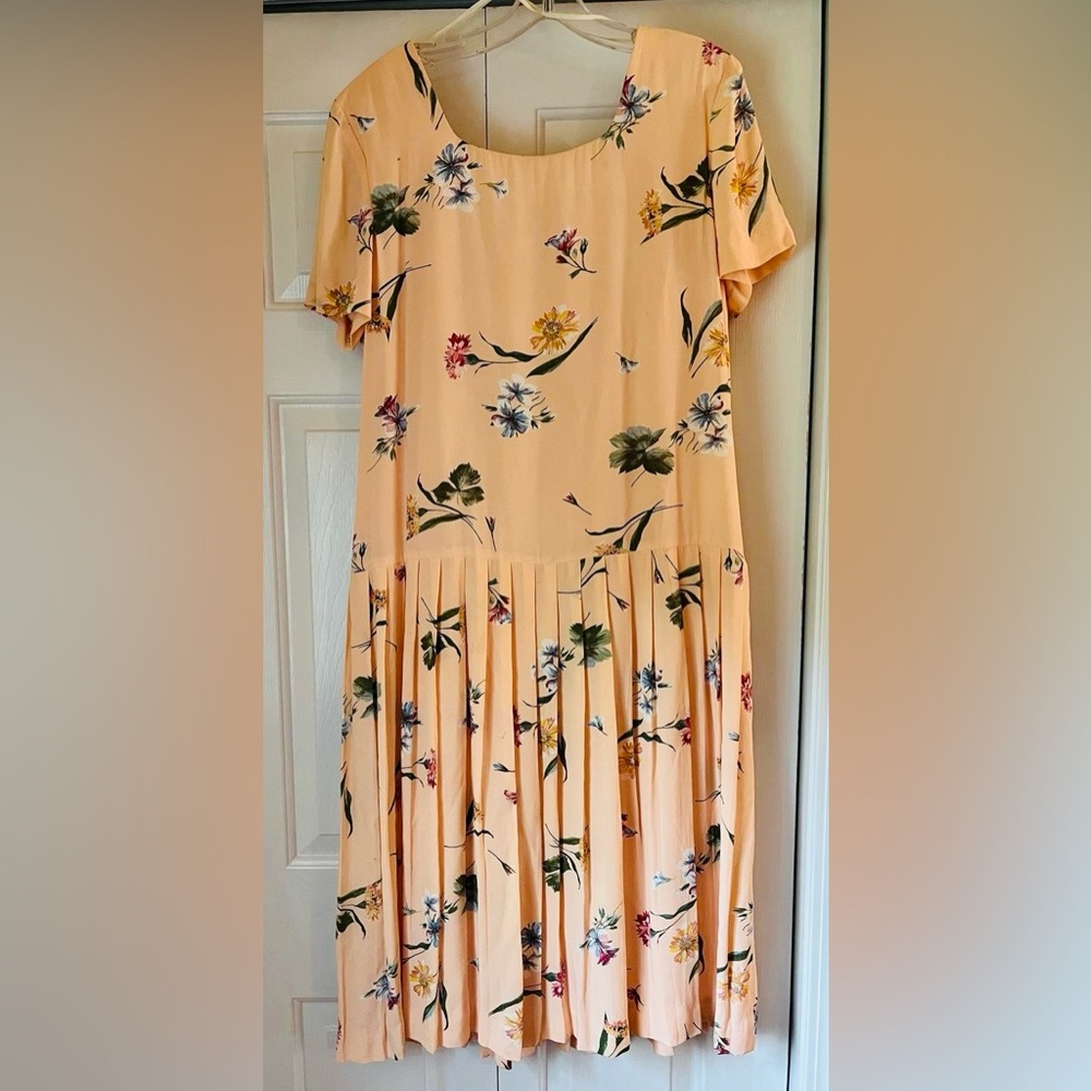 Talbots Orange and Pink Pleated Midi Sundress with Flutter Sleeves